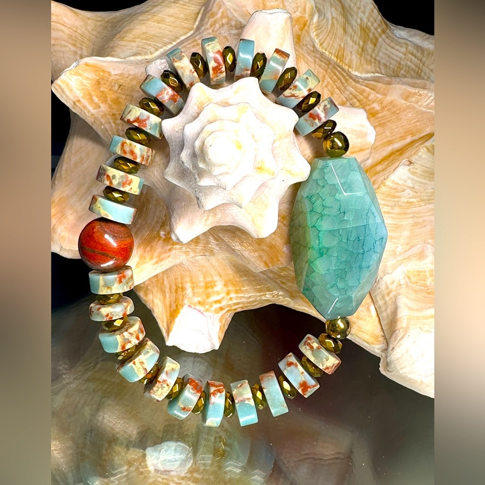 SKY BLUE JASPER + DRAGON VEINS  NATURAL BRACELET size 7”